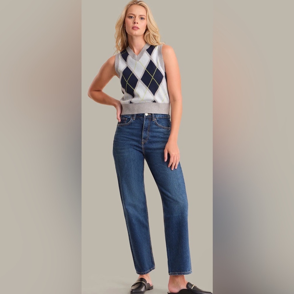 ESTELLE argyle high v-neck cropped vest NWOT grey mist heather multi - Picture 5 of 7